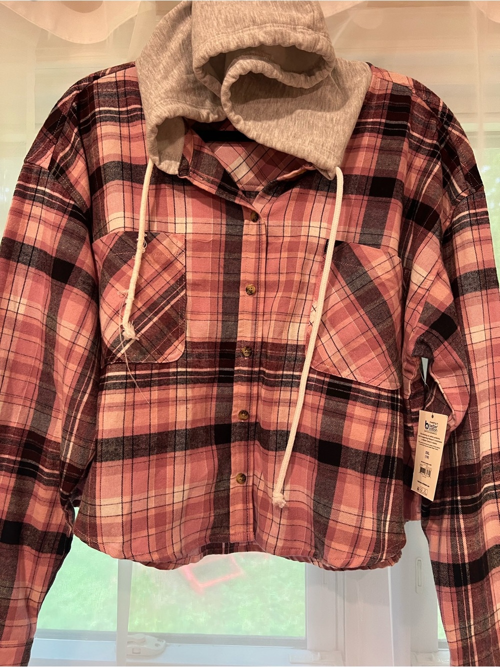 No Boundaries Pink and Black Plaid Hooded Shirt